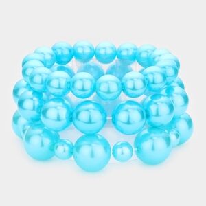 Turquoise Pearl Strand 3 pcs Stacked Stretch Bracelets Statement Accessory
